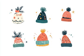 Colorful collection of knitted hats displayed with holiday-themed designs and playful patterns