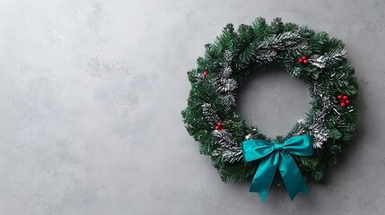 Festive green christmas wreath adorned with red berries and a vibrant blue bow for holiday decor inspiration