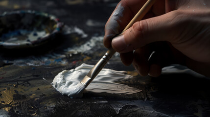 Fototapeta premium Captivating HighResolution Image of Hand with Paint Brush and White Paint in Minimalist Composition