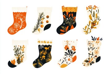Colorful decorative Christmas stockings with floral designs arranged in a grid on a white background