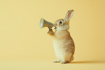 A cute rabbit holds a megaphone, appearing to announce something.