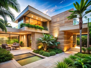 Fototapeta premium Aerial View of a Modern Sandstone Residence Surrounded by Tropical Plants in a Serene Oasis Setting, Showcasing Contemporary Architecture and Lush Greenery