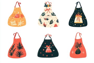 Colorful hand-drawn aprons with festive designs on a white background for holiday cooking activities
