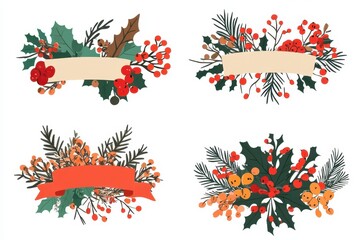 Obraz premium Festive holiday floral arrangements featuring berries and greenery with blank banners for seasonal decorations