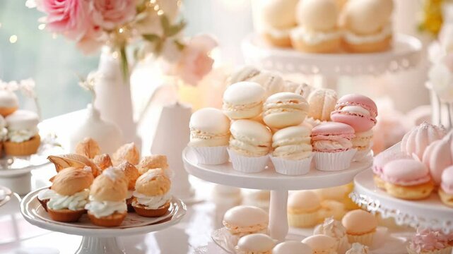 A table full of different types of pastries, including macaroons and cupcakes