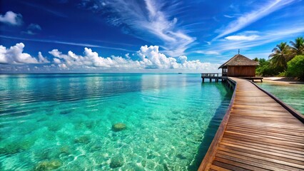 Obraz premium tropical beach resort with blue water and palm trees