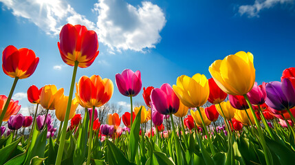 Fototapeta premium A breathtaking view of a tulip field in full bloom, showcasing a rainbow of colors under the blue sky.
