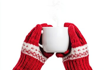 Cozy woolen mittens holding a steaming cup, isolated on white background, clipart style, mittens, Bonfire Night coziness