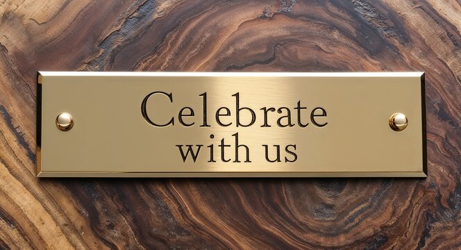 celebrate with us engraved text on gold name plate sign 