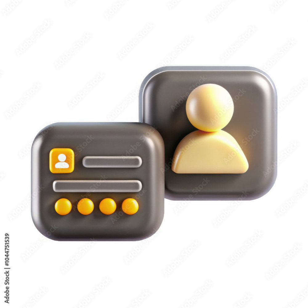 Poster A 3D render of user interface icons representing user profiles and data entries, featuring a minimalist design with a modern aesthetic.