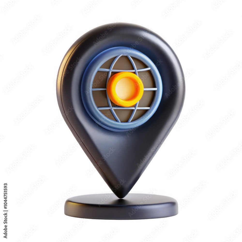 Poster a modern 3d rendering of a location marker featuring a circular design at its center, presented on a