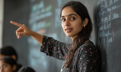 Woman pointing at chalkboard, explaining math.