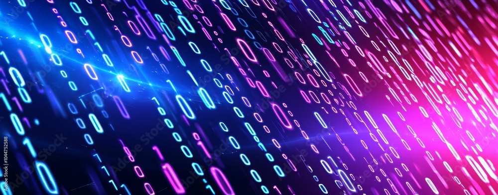 Poster the background of a smartphone represents a binary code and glowing lights. the symbols represent di