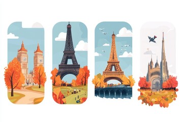 Charming illustrations of iconic landmarks in autumn settings showcasing Big Ben and the Eiffel Tower