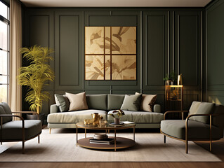 Living room interior in modern minimalist style with wooden panneling. Neutral and forest green colors interior with wood wall panels, bronze metallic accent decor and large artwork. 
