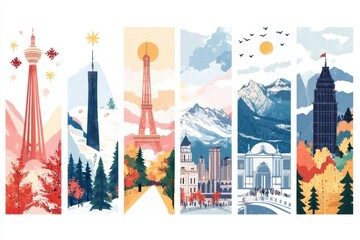 Artistic illustration of famous landmarks from around the world set against seasonal backgrounds
