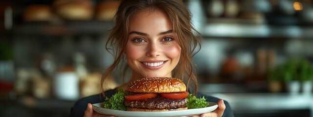 Woman in dining room holding a plate of delicious hamburgers ready to be served. Eating junk food concept
