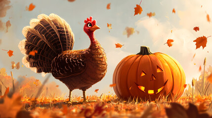 Obraz premium A cartoonish turkey standing next to a large pumpkin in a field, surrounded by falling leaves.
