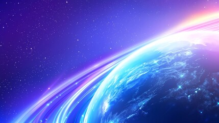 Fototapeta premium Fast global data transfer cybernetic tone with a globe with high-speed light trails around the top view