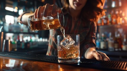 Obraz premium Portrait of Female bartender pouring drink into glass with ice cubes on bar counter