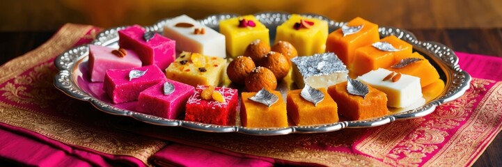 Traditional Mithai sweets for Diwali celebration, featuring festive symbols in India and Fiji, panoramic banner
