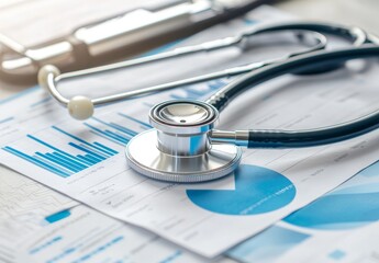 With a dark blue background, an illustration of an stock (AI) data mashup with medical healthcareservices in hospital