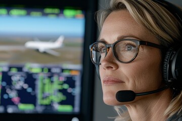 In the control tower, a woman air traffic controller monitors flight data on multiple screens while wearing a headset.