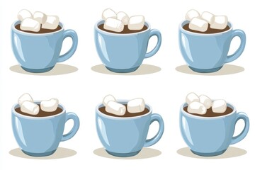 Six cozy blue mugs filled with hot chocolate and marshmallows, set against a simple background