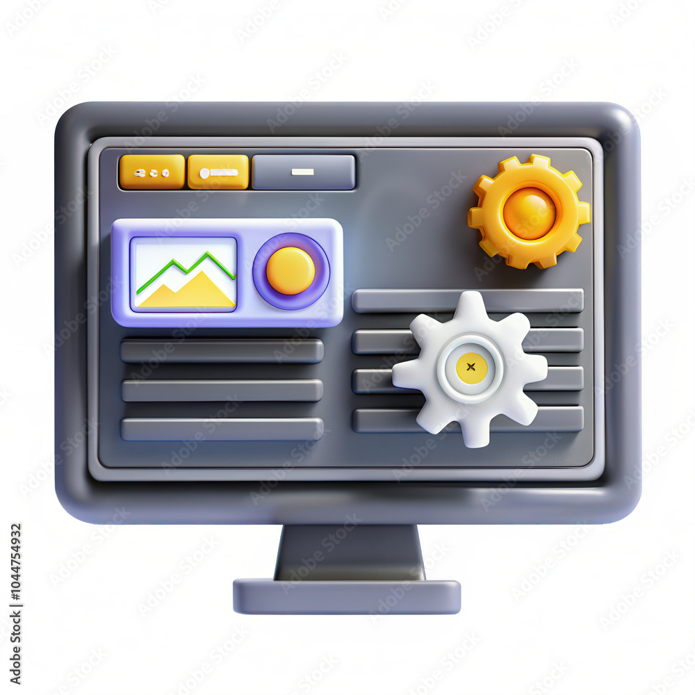 Poster a colorful 3d render of a computer controller with gears and a graphical display, showcasing an isol
