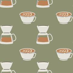 Seamless pattern for coffee lovers, coffee maker and cup with latte.