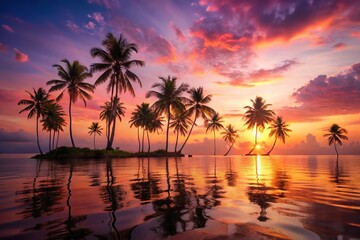 Tropical island sunset with palm trees and pink sky