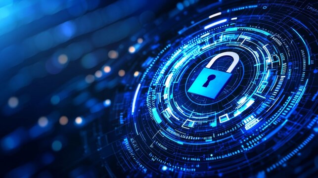 Cyber security illustration highlighting wireframe locks on a blue background, padlock technology, digital encryption, and cyber protection against cyber attacks.