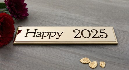 Naklejka premium happy 2025 engraved text on gold name plate sign 