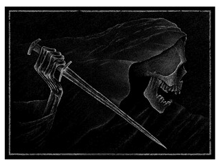 Black and white vector illustration of mythological death dotwork style