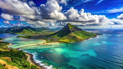 Fototapeta premium Tropical island with ocean, mountain, sky, and clouds