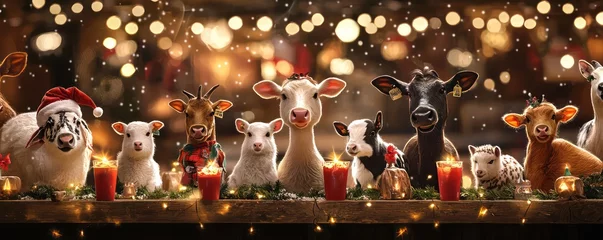 Poster Boerderij A Christmas-themed bar scene with farm animals, portrayed in a blurry festive setting.  © Mehboob