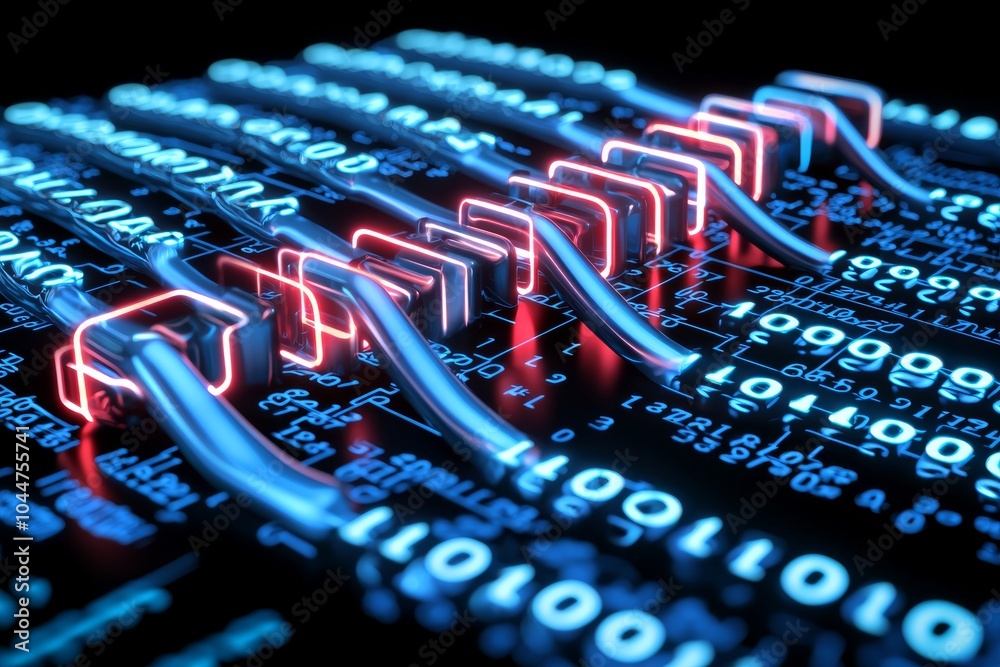 Aufkleber An image with an alternating blue and red background. A picture with multiple exposures of a LED screen displaying information codes. A picture with a theme of cyber war and digital data transfers. A