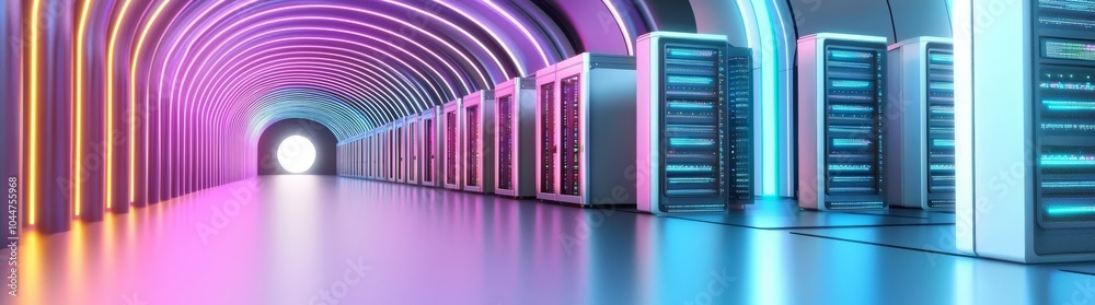 Aufkleber Panoramic view of a working data center with rows of rack servers. Red emergency lights blink throughout the data center and computers are working.