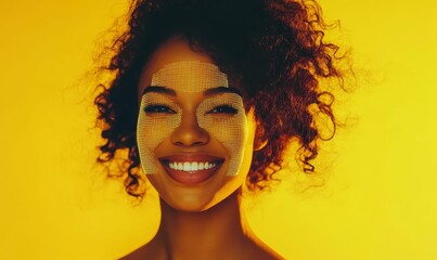 Smiling woman with grid face art on yellow background.