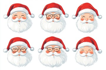 Various cheerful Santa Claus faces with different expressions and traditional attire for holiday celebrations