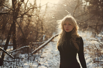 portrait of a young blonde woman in winter forest, Generative AI