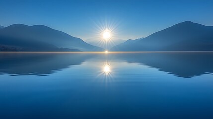 Fototapeta premium A serene sunrise over a still lake with mountains in the distance. The sun's rays illuminate the water, creating a reflection.