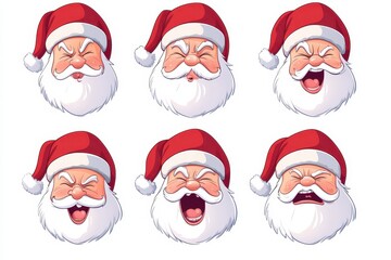 Various joyful and expressive Santa Claus faces in colorful holiday attire, conveying different emotions for Christmas celebration