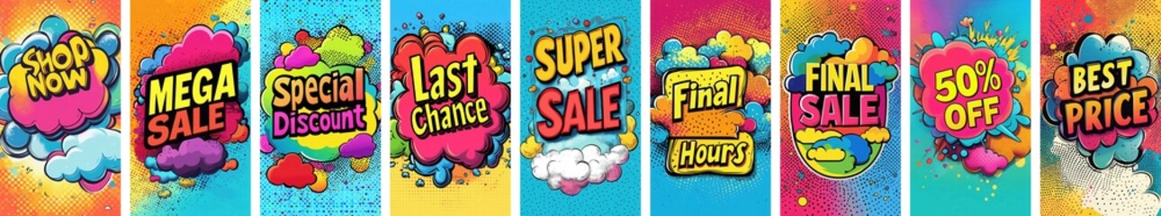 Obraz premium A bold, eye-catching label featuring playful, comic book-style font inside a vibrant pop art speech bubble, perfect for promoting sales and discounts.
