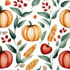 Seamless watercolor pattern featuring pumpkins, apples, corn, and vibrant maple leaves for autumn decor.
