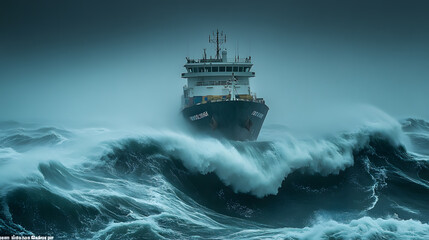 A dramatic photography showing a ship battling rough waves under dark, stormy skies, emphasizing the perilous conditions faced by maritime transport in unpredictable weather.