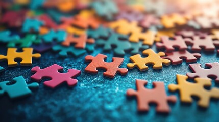 Colorful puzzle pieces scattered on a blue surface, vibrant and playful