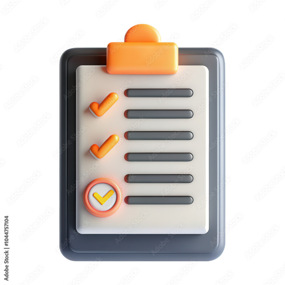 Poster an isolated 3d rendered checklist icon with orange checkmarks and a circular check, representing org