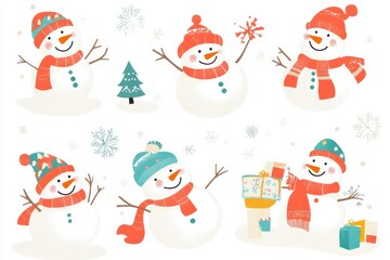 Cheerful snowmen celebrating winter with festive hats and scarves in a playful snowy landscape