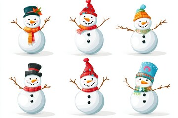 Six cheerful snowmen wearing colorful hats and scarves celebrate winter in a playful, festive display